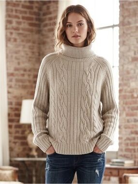 Banana Republic Wool Cable Knit Turtleneck Oversized Sweater Oatmeal Large